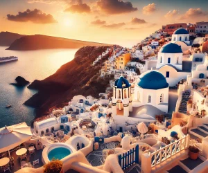 DALL·E 2025-03-05 18.52.10 - A breathtaking view of Santorini, Greece, featuring iconic white-washed buildings with blue domes overlooking the deep blue Aegean Sea. The scene is b