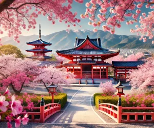 DALL·E 2025-03-05 18.52.11 - A stunning view of Kyoto, Japan, featuring a traditional Japanese temple surrounded by cherry blossom trees in full bloom. A peaceful pathway leads th