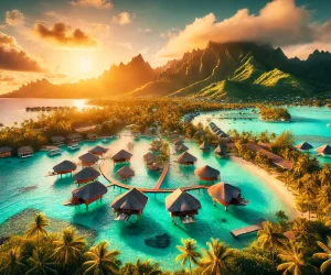 DALL·E 2025-03-05 18.52.13 - A breathtaking tropical paradise in Bora Bora, French Polynesia, featuring overwater bungalows above crystal-clear turquoise waters. Lush green mounta