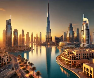 DALL·E 2025-03-05 18.52.16 - A stunning view of Dubai, UAE, showcasing the iconic Burj Khalifa towering over the futuristic skyline. The city is bathed in golden sunset light, ref